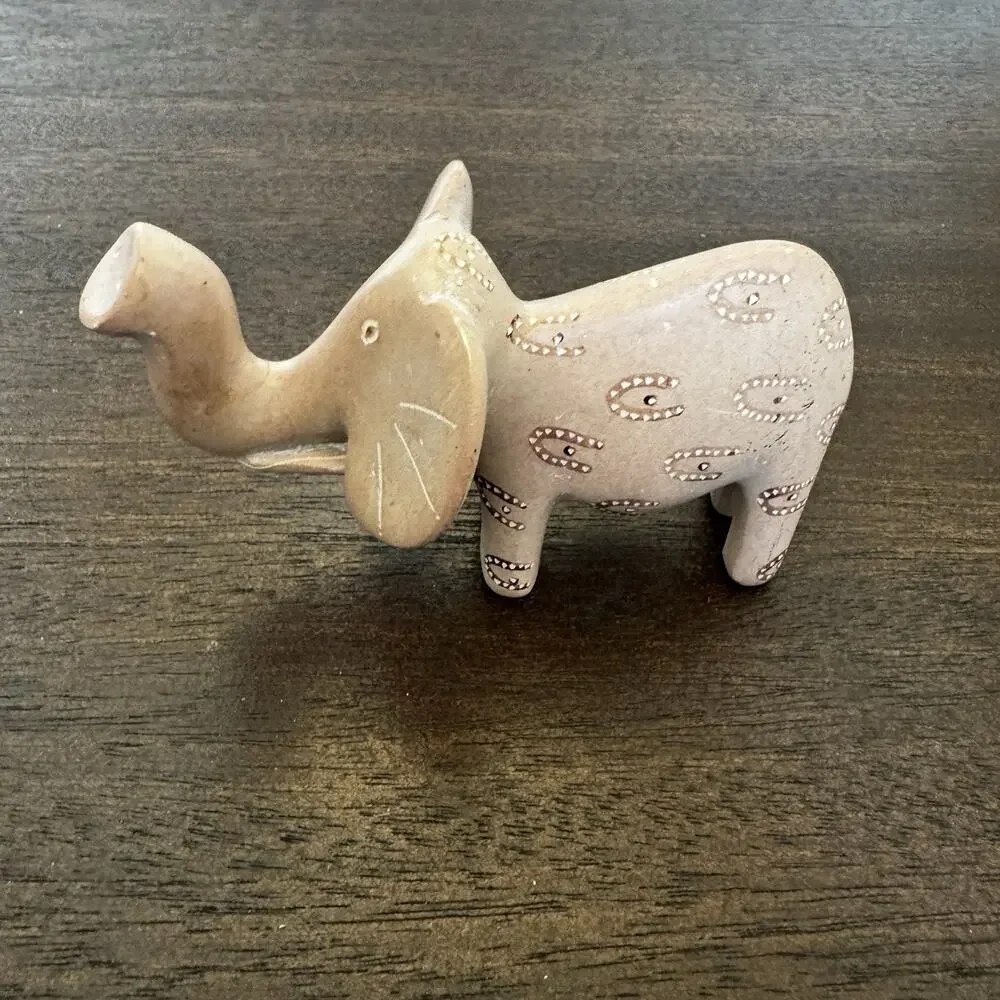 Vintage Hand Carved Soapstone Elephant Figurine Lucky Trunk Up Primitive Etched